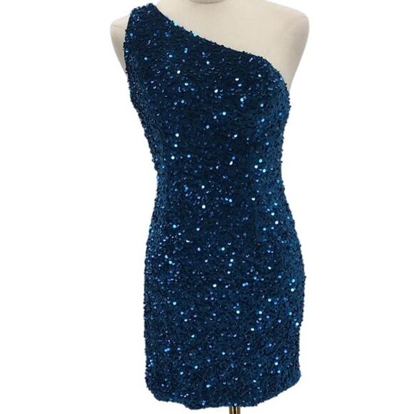 PARTY DRESS SZ 0 XS Blue Sequin Sleeveless One-Shoulder Bodycon Mini NEW b146 - Picture 3 of 9